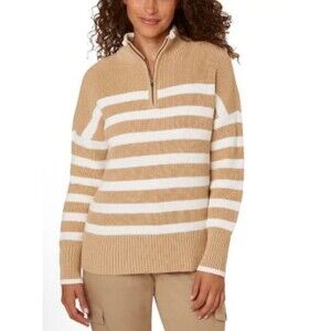 NWT Lands' End Women's S Beige Striped 1/4 Zip Sweater Pullover Soft Sand NEW